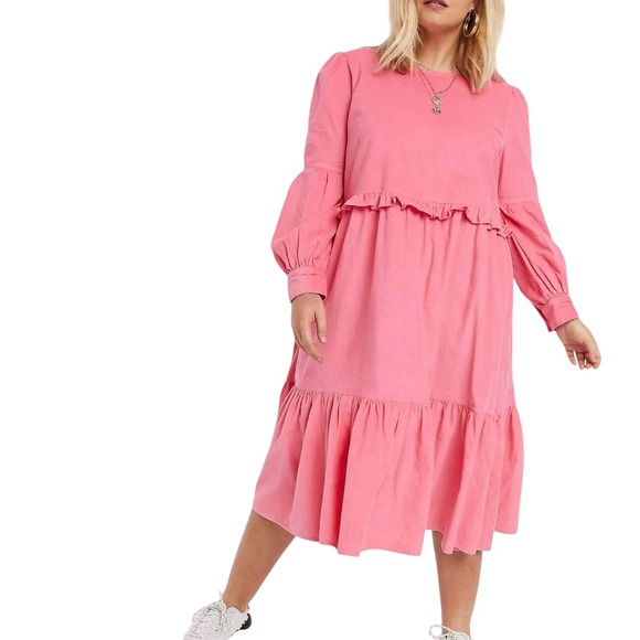 ASOS Dresses & Skirts - Asos Denim Pink Corduroy Frill Smocked Tiered Midi Dress Long Sleeve  Sz US 14
